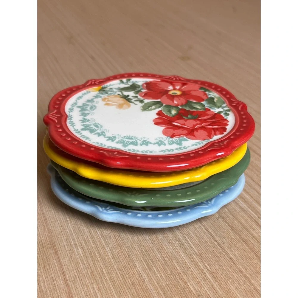 Pioneer Woman Stoneware Coaster Set/4 Floral Scalloped Edge Cork Back Farmhouse